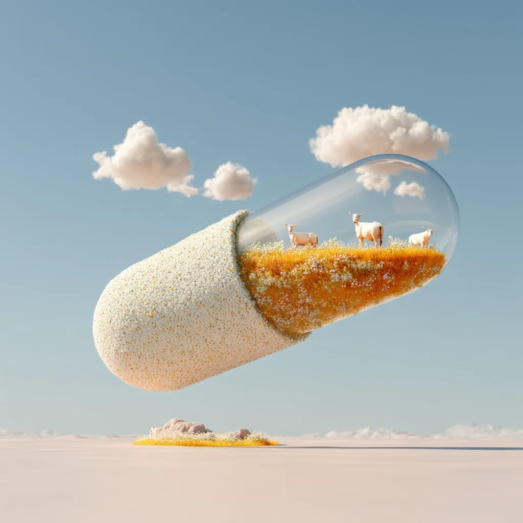A giant pill, textured with tiny white flowers, floats horizontally.  Inside its transparent section, a miniature landscape thrives: yellow flowers and three small white sheep graze peacefully under a clear sky dotted with fluffy clouds. The pill rests slightly above a small, matching mound of flowers on a pale pink desert.  The surreal image suggests themes of nature, fragility, and the artificial versus the organic.