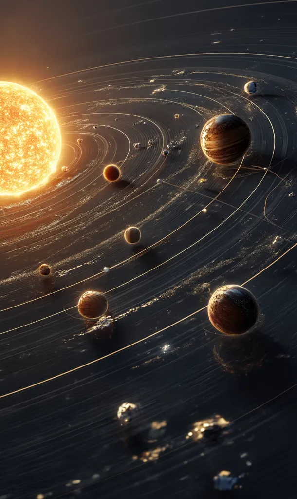 A vibrant depiction of a solar system showcases a radiant star at the center, encircled by multiple planets in distinct orbits.  The planets vary in size and color, with their orbital paths clearly defined by glowing trails against a dark, cosmic backdrop.  Smaller celestial bodies, possibly asteroids or comets, are scattered throughout the system, adding to its realistic portrayal. The image evokes a sense of vastness and cosmic wonder.