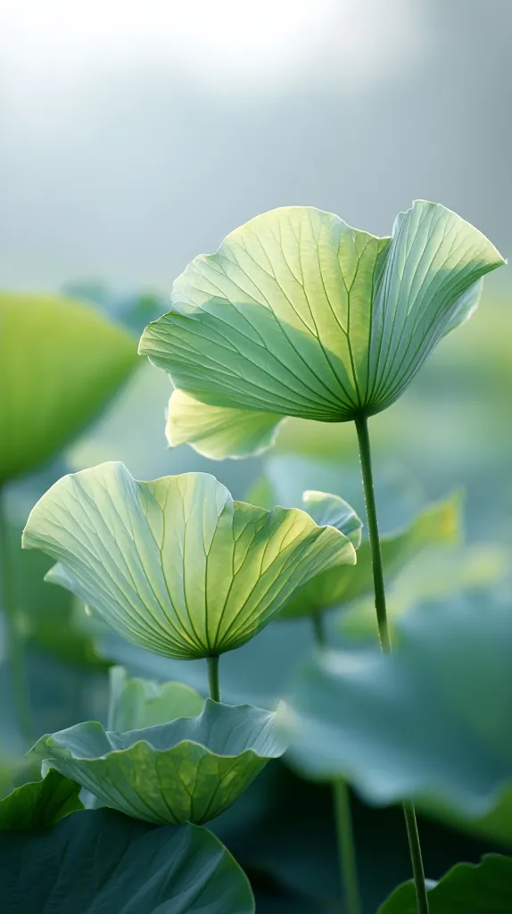 Two large, vibrant green lotus leaves stand out against a softly blurred background of more lotus leaves.  The leaves are backlit, highlighting their delicate veins and creating a serene, almost ethereal atmosphere.  The image evokes a sense of peace and tranquility, characteristic of natural beauty.  The focus is sharp on the foreground leaves, drawing the viewer's eye to their intricate details.