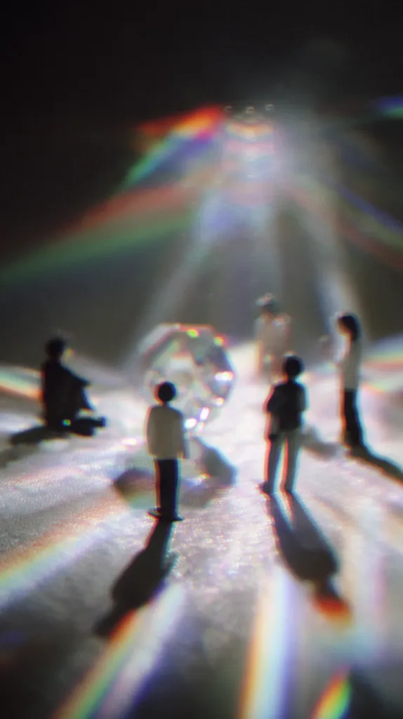 Miniature figures stand around a large, sparkling diamond, illuminated by a bright light source that casts rainbow-colored reflections.  The scene is surreal and dreamlike, with the figures appearing small and distant against a glittering, out-of-focus background.  Their shadows stretch long and distorted, enhancing the ethereal atmosphere.