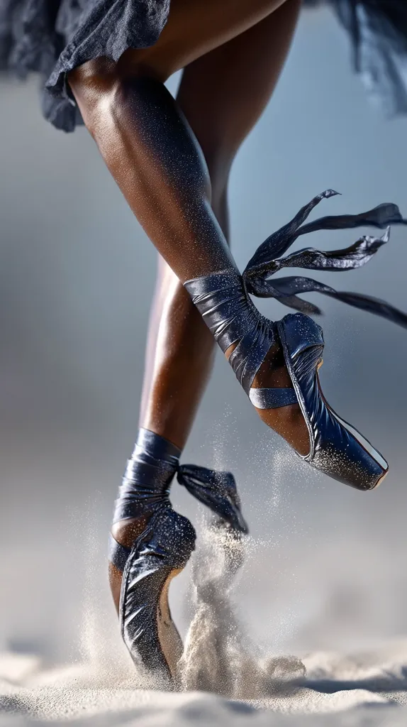 A ballerina's legs, elegantly poised mid-leap, are captured in motion.  Dark, satin pointe shoes leave trails of sand as she dances on a beach.  The dancer's dark skin glistens, contrasting beautifully with the deep blue of her shoes and the soft, light sand.  The image showcases both strength and grace.