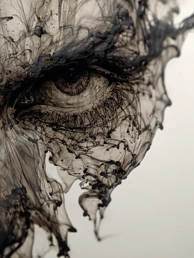 A close-up, abstract art piece depicting a stylized eye.  Black ink swirls and flows, creating a dramatic and ethereal effect around the detailed eye. The contrast between the precise rendering of the eye and the fluid, almost smoke-like ink creates a captivating tension. The overall aesthetic is dark, intense, and visually striking.