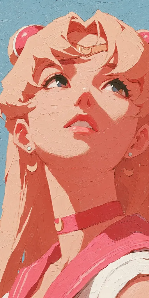 A stylized portrait of Sailor Moon, rendered in a painterly style with visible brushstrokes.  Her long blonde hair is styled with characteristic odango buns and a crescent moon tiara. She wears her iconic sailor fuku,  and her face is tilted upwards, conveying a serene and dreamy expression.  The color palette is predominantly warm peach and pink tones, against a muted blue background.