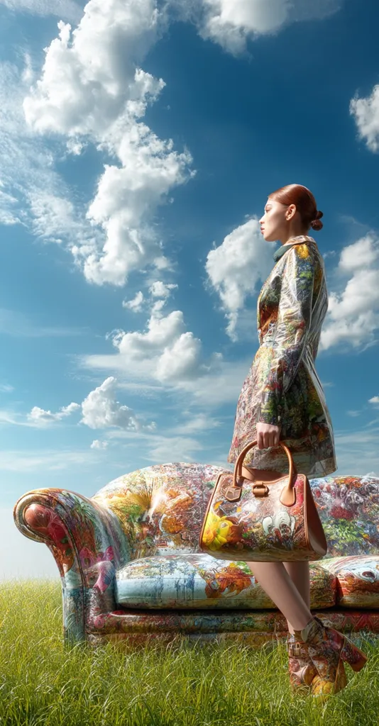 A fashion model, dressed in a vibrant, multicolored coat, stands against a bright blue sky dotted with fluffy white clouds. She carries a matching handbag and her ankle boots share the same colorful print.  The model is positioned next to a similarly patterned sofa, resting in a verdant field, creating a whimsical and surreal scene.