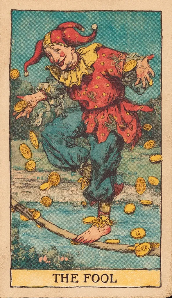 A vibrant illustration of "The Fool" tarot card depicts a jester in a red and yellow costume, balancing precariously on a branch over water.  Gold coins rain down around him, symbolizing his carefree, reckless nature.  His joyful expression contrasts with the inherent risk of his precarious position, reflecting the card's themes of new beginnings and naive optimism. The image is rich in color and detail, evoking a vintage aesthetic.