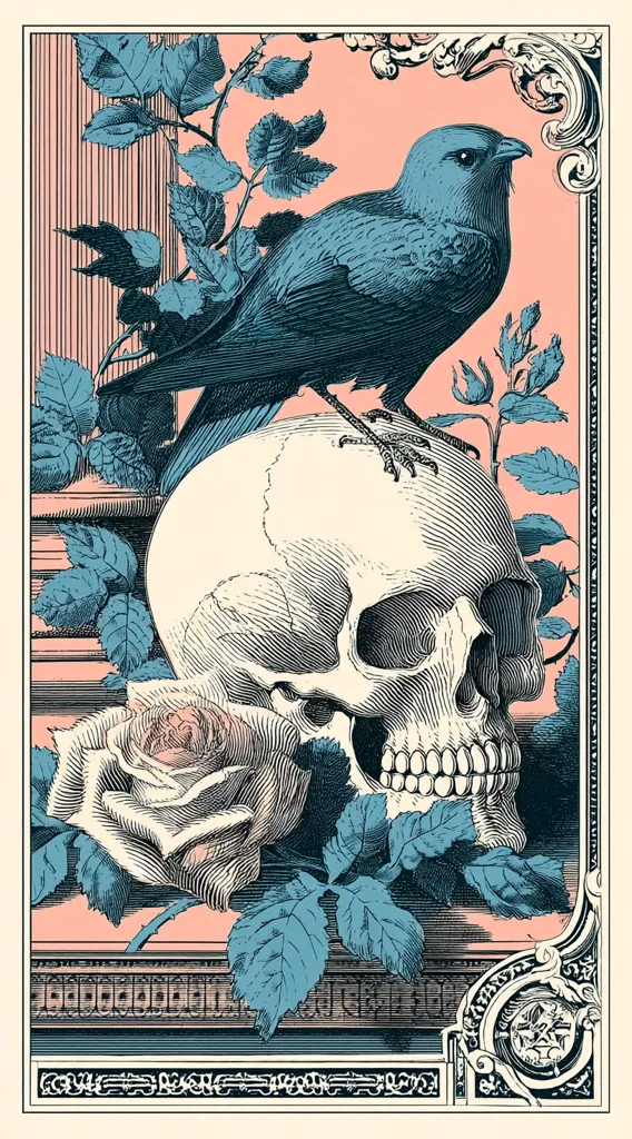 A stylized illustration features a dark blue bird perched atop a human skull.  The skull rests on a pink surface adorned with detailed teal rose leaves and a large, pale rose.  The scene is framed by an ornate border with decorative elements, creating a vintage, almost gothic aesthetic. The overall color palette is muted, with soft pinks and blues dominating the image.