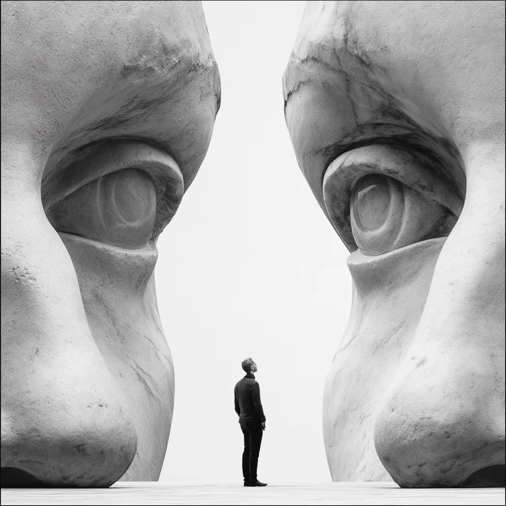 A black and white photograph depicts a man standing between two colossal, sculpted faces.  The faces are immense, their eyes dominating the composition, and appear to be gazing at each other, or perhaps at something beyond the frame.  The man, small in scale compared to the sculptures, looks up, creating a sense of awe and insignificance against the monumental scale of the artwork. The overall mood is one of mystery and contemplation.