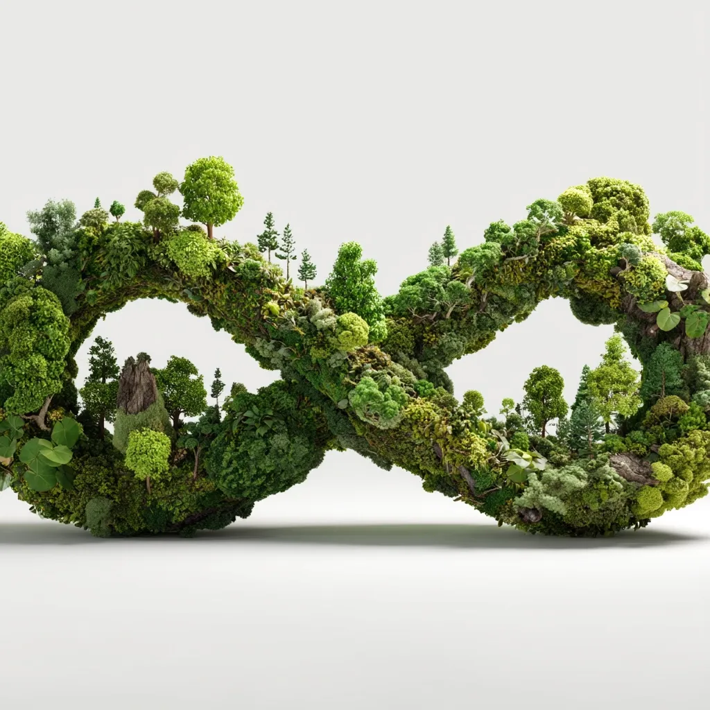 A lush, vibrant miniature forest forms the shape of an infinity symbol against a plain white background.  The intertwined loops are densely covered in moss, miniature trees, and various greenery, suggesting a continuous cycle of nature and the endless possibilities of environmental sustainability.  The image is a 3D render, showcasing intricate detail in the vegetation.