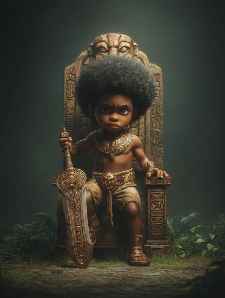 A digital rendering depicts a young Black boy, styled like a pharaoh, seated on an ornate throne. He possesses a serious expression and holds a large, ornate sword.  His attire includes gold jewelry and sandals, complementing the throne's ancient design.  The scene is set in a dimly lit, jungle-like environment, emphasizing the regal yet youthful character.