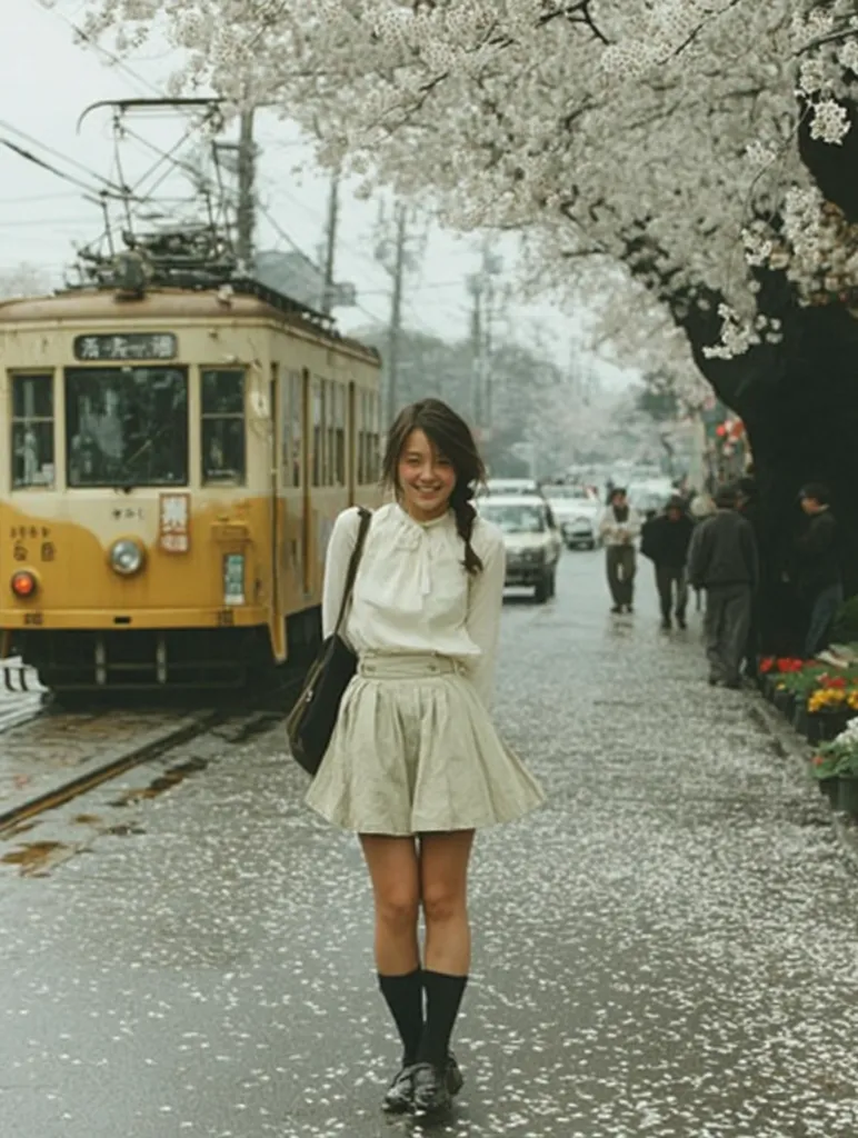 A young woman stands on a city street under a blossoming cherry tree, petals scattered on the wet pavement.  She wears a cream-colored pleated skirt, white blouse, and dark socks and shoes. A yellow tram is visible in the background, adding to the charming, vintage atmosphere. The scene evokes a sense of quiet beauty and springtime in a Japanese city.