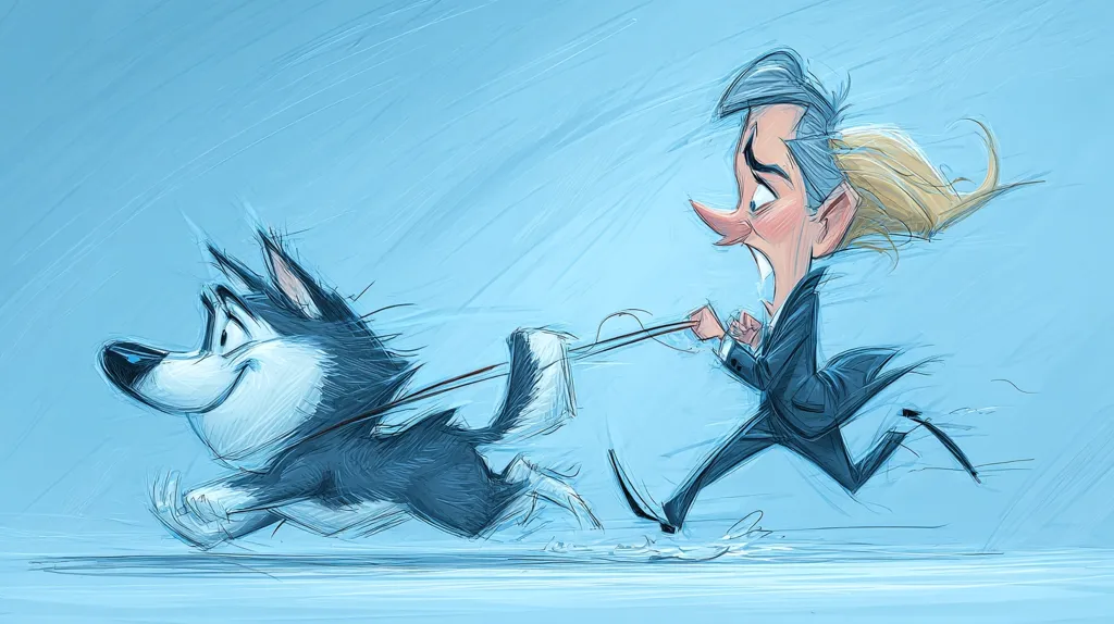 A stylized illustration depicts a man in a suit being pulled along by a husky dog on a leash.  The man's hair blows wildly, suggesting a strong wind or the dog's powerful pull. The scene is rendered in light blue tones with loose, expressive brushstrokes, giving a dynamic and slightly comical feel.  The dog appears happy and energetic, while the man seems slightly overwhelmed yet determined.