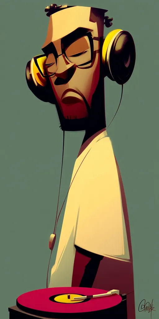 A stylized illustration of a man wearing oversized headphones with yellow accents. He's depicted from the chest up, slightly angled, with his eyes closed, suggesting he's listening to music.  He's wearing a simple, light yellow shirt.  A red turntable with a vinyl record sits before him, completing the scene's musical theme. The artwork features bold colors and simplified forms, characteristic of a graphic novel or poster art style.