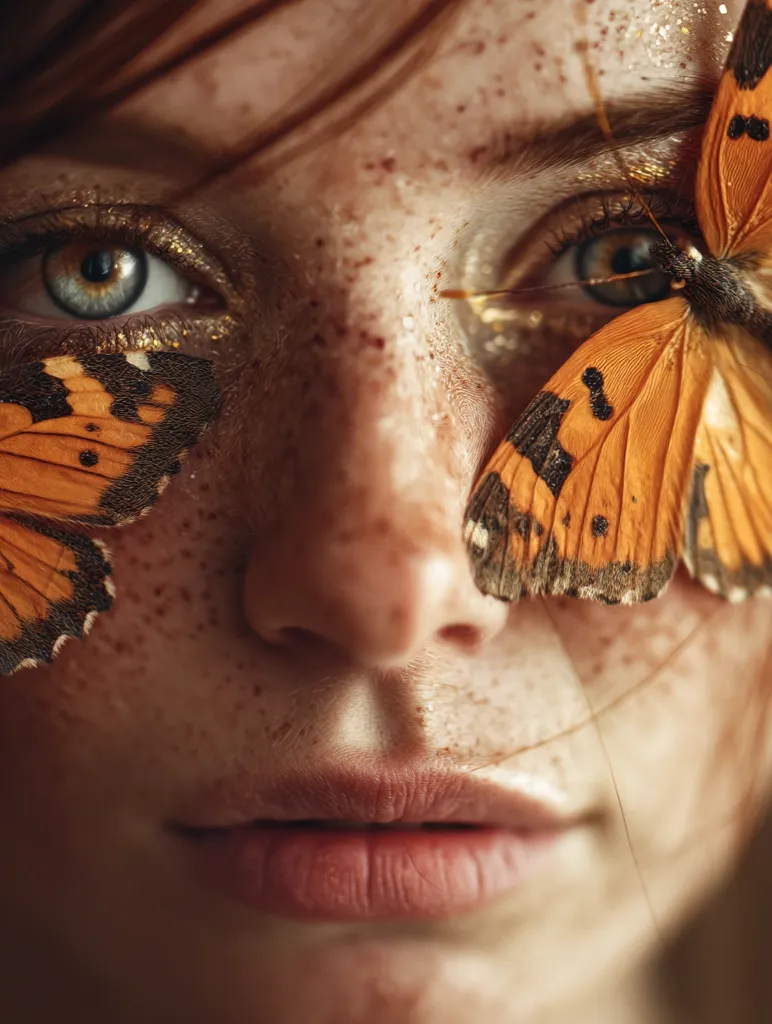 Close-up of a freckled woman's face.  Large orange butterflies with dark markings are artfully positioned over her eyes, their wings partially obscuring her gaze.  Gold glitter accents her eyelids, complementing the butterfly's colors.  The overall image is soft and ethereal, creating a mystical and captivating mood.