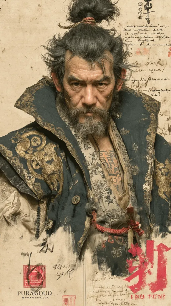 A close-up portrait showcases a man with a weathered face and long, dark hair tied in a topknot.  He's dressed in a dark, ornate robe with gold embellishments, layered over a lighter, patterned undergarment.  Visible tattoos decorate his chest. The background features aged parchment with illegible writing and stamps, enhancing the antique and possibly historical context of the image. The overall aesthetic is one of aged wisdom and perhaps a historical or fantasy setting.