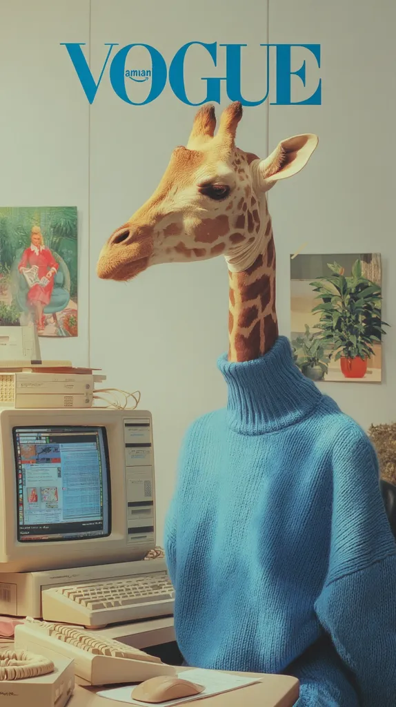 A giraffe wearing a light blue turtleneck sweater sits at a retro-style computer desk.  A vintage Vogue magazine is visible on the wall.  The computer is beige, and the keyboard is cream-colored.  The overall aesthetic is reminiscent of the 1980s or 1990s.  A framed picture hangs on the wall behind the giraffe, featuring a woman sitting in a chair reading.  The scene is brightly lit and has a whimsical, surreal quality.
