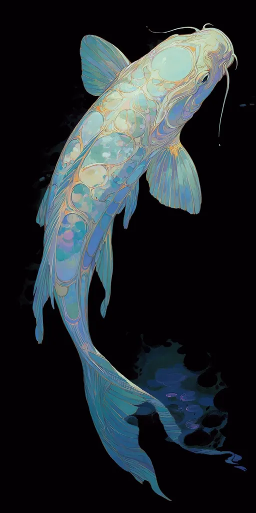 A stylized illustration of a koi fish, rendered in shades of teal and blue against a black background. The fish's scales are depicted with intricate, swirling patterns, giving it an ethereal quality.  Its long flowing tail adds to the sense of movement and grace. The artwork combines realism with a fantastical, almost dreamlike interpretation of the aquatic creature.  Dark blue splashes suggest water surrounding the fish.