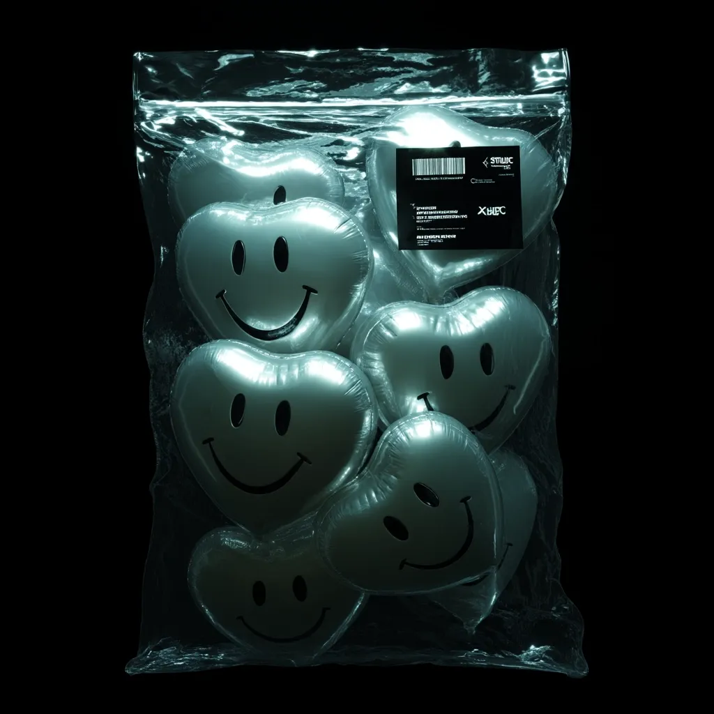 A transparent plastic bag contains multiple heart-shaped balloons. Each balloon features a simple smiley face printed in black. The bag is sealed at the top and appears to be filled with approximately eight to ten balloons.  A small, dark label with illegible text is affixed to the bag. The scene is darkly lit, highlighting the reflective quality of the balloons.