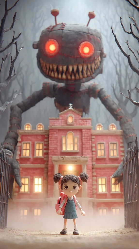 A small girl with a backpack stands before a school, seemingly unaware of a menacing, giant, stitched-together creature looming behind. The creature has glowing red eyes and a terrifying grin.  The scene is set in a misty, dark forest, creating a suspenseful and slightly frightening atmosphere. The contrast between the innocent girl and the monstrous figure is stark.