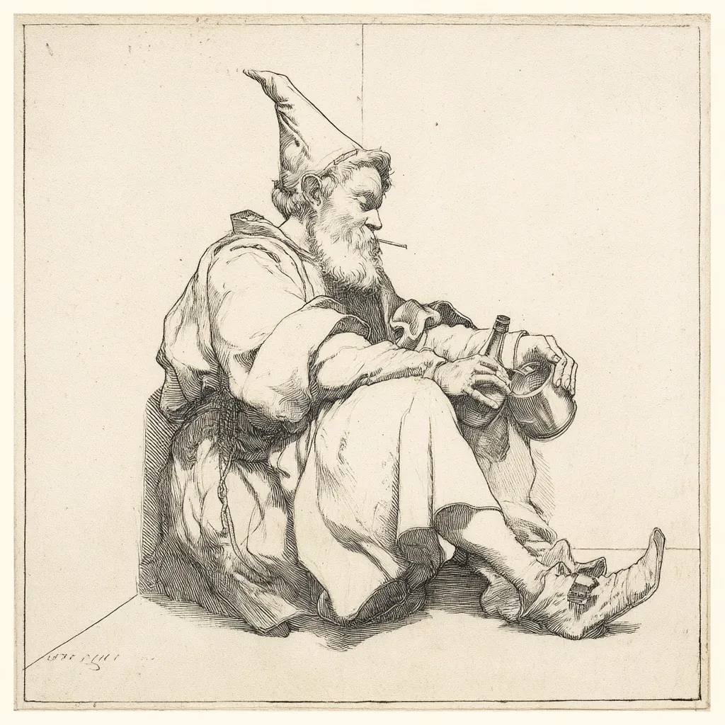 A black and white etching depicts a bearded man, wearing a long robe and conical hat, seated on the ground. He holds a bottle and a cup, appearing to be drinking.  His posture suggests weariness or contemplation. The style is reminiscent of classical etching, with detailed shading and rendering of fabric and form.  The man's attire and the overall mood evoke a sense of age and possibly poverty.