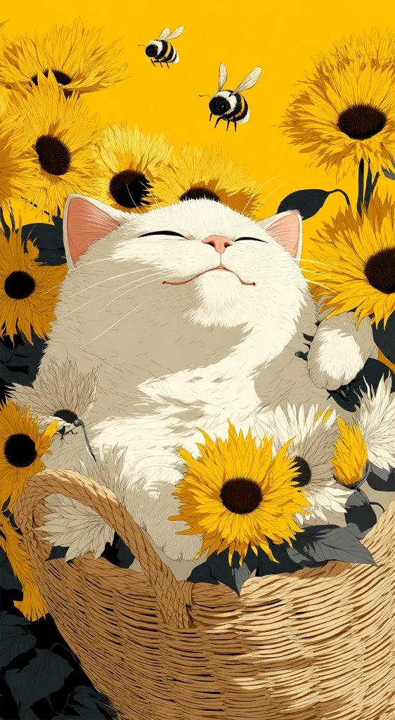 A cheerful white cat naps contentedly in a wicker basket overflowing with sunflowers.  Two bumblebees buzz nearby in the vibrant yellow background. The cat's serene expression and the sunny scene create a joyful and peaceful image.  The style is a stylized illustration with clean lines and bold colors.