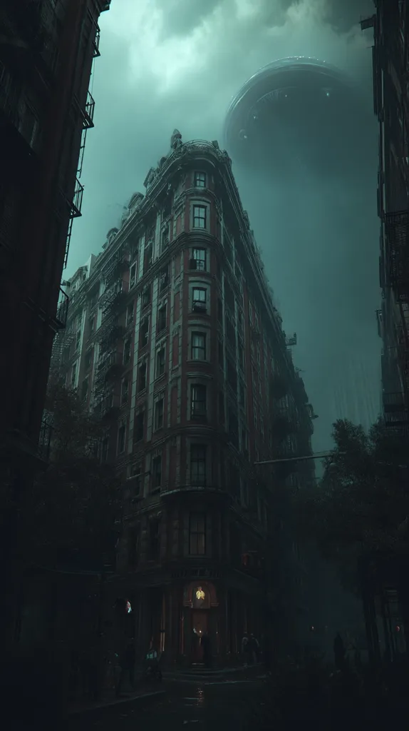 A large, dark spaceship hovers ominously over a dimly lit city street.  Tall, aged buildings line the narrow street, their architectural details obscured by shadows and a thick, eerie fog.  The scene is atmospheric and suspenseful, suggesting a sci-fi or dystopian setting.  A few figures are barely visible near a building entrance, adding to the mysterious ambiance. The overall tone is dark and unsettling.
