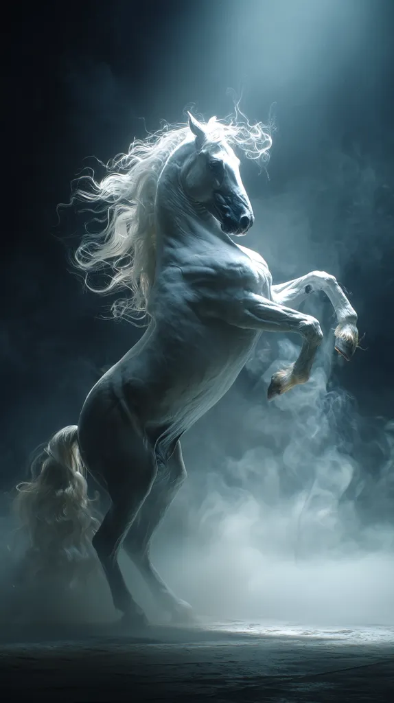 A majestic white horse, its long mane and tail flowing, rears up dramatically against a dark, smoky background.  A single spotlight illuminates the animal, emphasizing its powerful muscles and elegant form.  The scene evokes a sense of power and ethereal beauty, almost mythical in its presentation.  The horse's pose is dynamic and captivating, frozen in mid-leap.