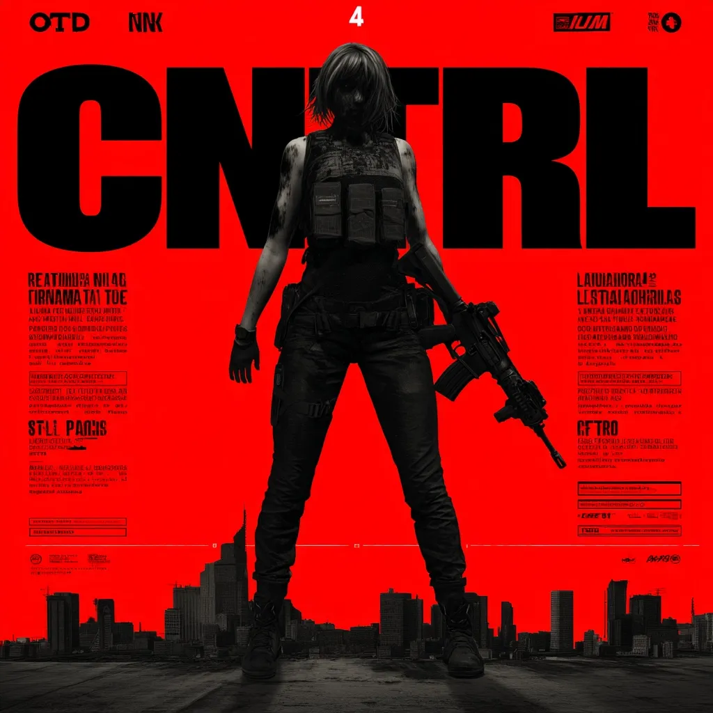 A striking poster for the video game "Control" features a woman in tactical gear, holding a rifle, against a vibrant red backdrop.  The city skyline is visible at her feet.  The title "CONTROL" is prominently displayed in bold, black lettering.  Smaller text, likely legal information and game details, surrounds the central figure.  The overall aesthetic is dark, gritty, and intense.