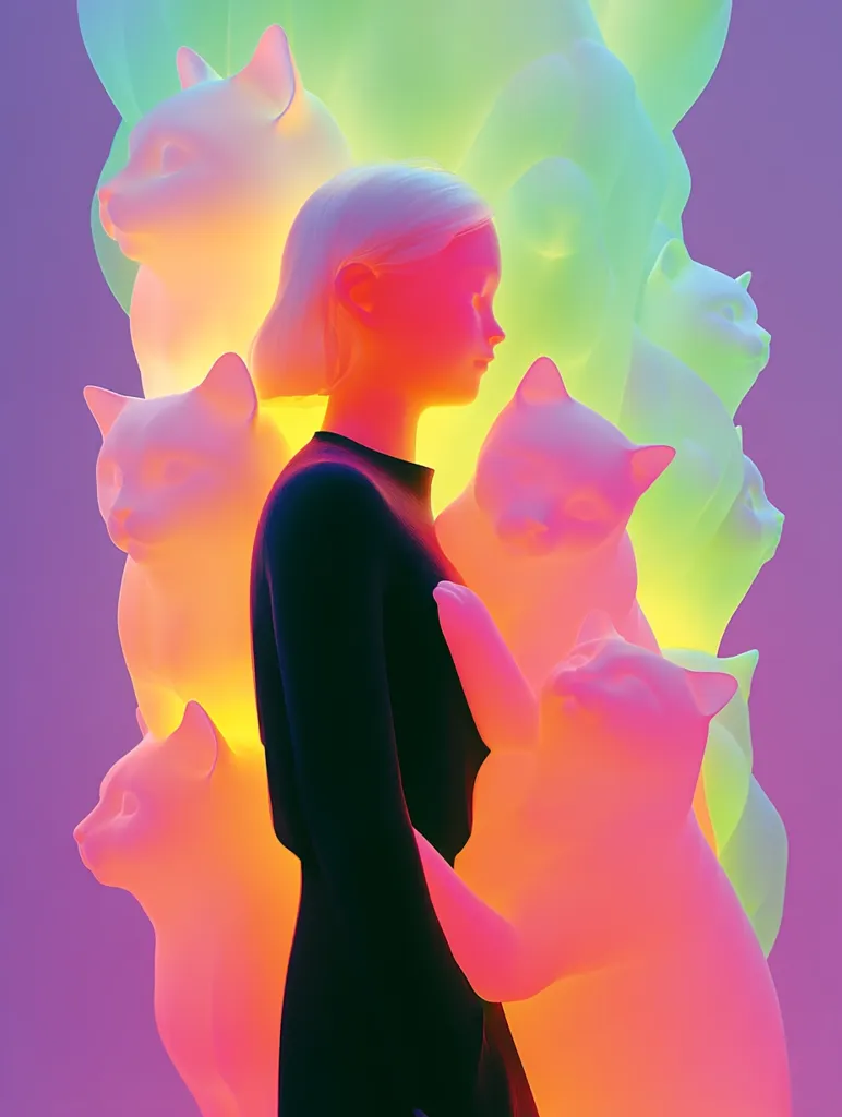 A stylized digital artwork depicts a woman with short blonde hair, standing in profile view, surrounded by translucent, glowing cat sculptures in vibrant pink, orange, and green hues. The woman wears a dark dress and appears serene.  The cats are various sizes and shapes, creating a surreal and dreamlike atmosphere against a purple background.  The overall effect is one of soft, luminous fantasy.