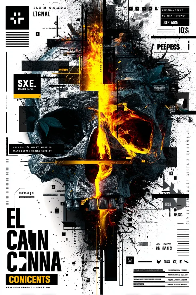 A skull, bisected by a fiery fissure, dominates this abstract poster.  Surrounding it is a collage of geometric shapes, text, and graphic elements in black, white, and shades of orange and yellow.  The design is intensely layered, creating a chaotic yet visually compelling image.  The text includes "El Cain Conna," "Conicents," and other seemingly technical details, suggesting a musical or artistic event.