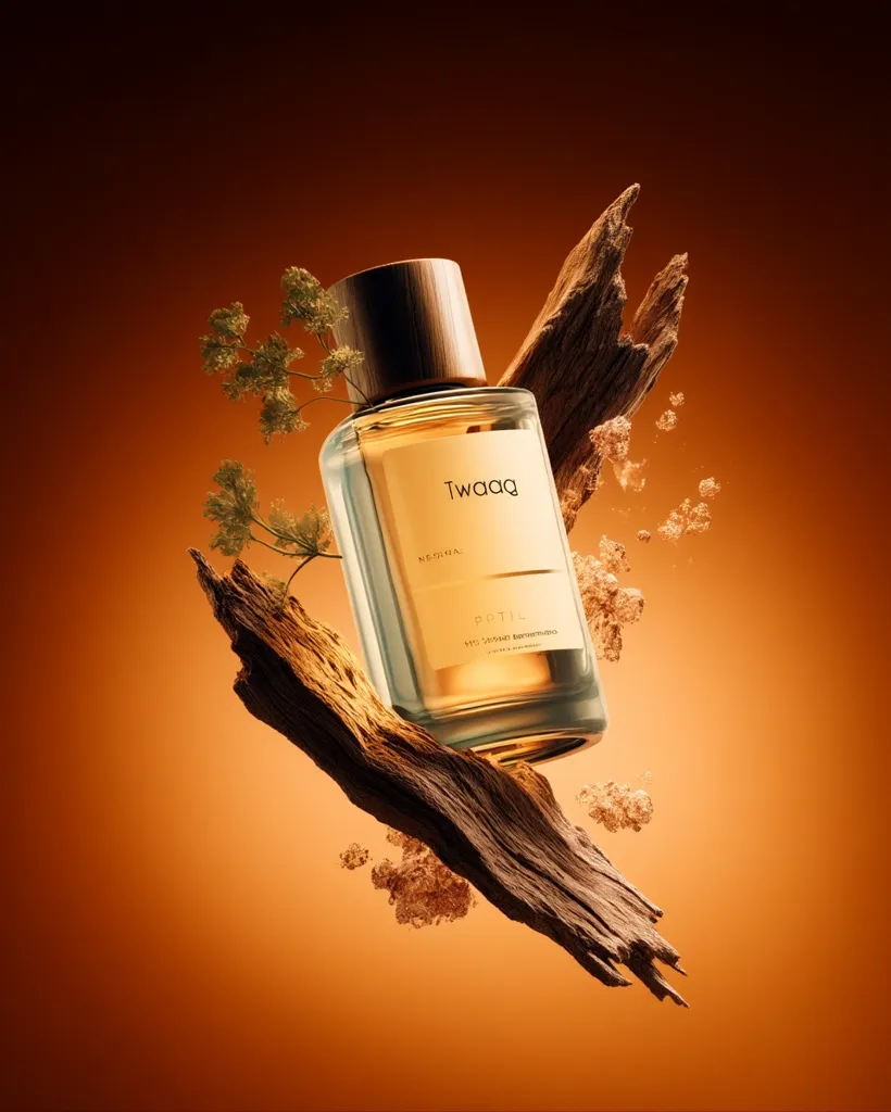 A bottle of TwaaQ perfume, with a wooden cap, is artfully displayed.  It rests on a piece of driftwood, with sprigs of greenery and shimmering particles surrounding it. The warm, amber background enhances the luxurious feel of the product, suggesting notes of wood and earth. The overall image is evocative and sophisticated, emphasizing the perfume's natural and elegant essence.