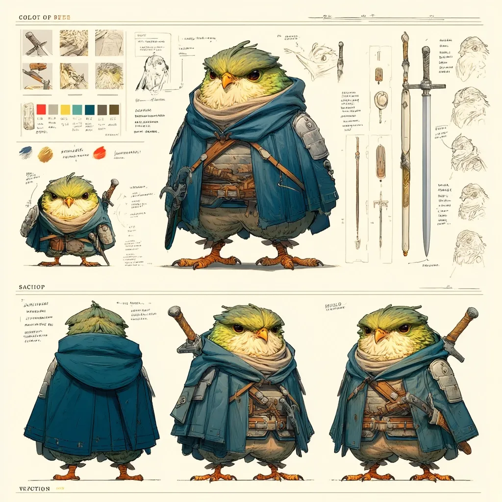 This concept art showcases Saciop, a bird-like character design.  The artwork features multiple views of Saciop, a small, stout bird wearing a blue cloak and armored vest, carrying a sword.  Detailed sketches of the character, color palettes, and weapon designs are included, indicating a potential character for a game or fantasy setting.  The style is reminiscent of a whimsical yet gritty illustration.