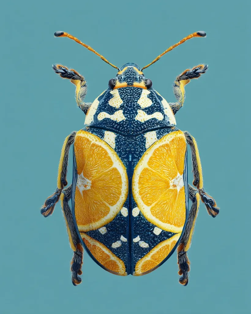 A striking digital artwork depicts a beetle with a vibrant blue and white carapace overlaid with segments of orange slices.  The insect's antennae and legs are detailed, contrasting with the smooth, glossy texture of the citrus segments. The overall effect is surreal and eye-catching, creating a captivating blend of nature and food. The background is a solid, muted teal.