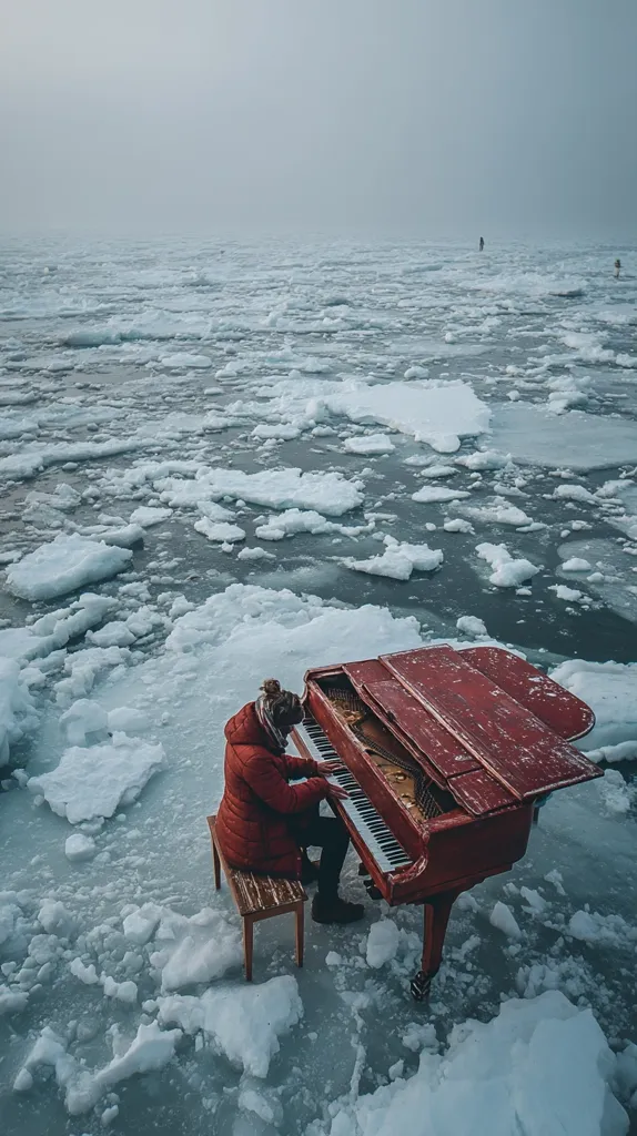 A lone figure sits at a weathered red grand piano positioned on a frozen expanse of water.  Ice floes drift in the gray, misty background. The pianist, wearing a red jacket, plays amidst a desolate, icy landscape, creating a scene of serene isolation and artistic expression.  The overall mood is peaceful yet dramatic.