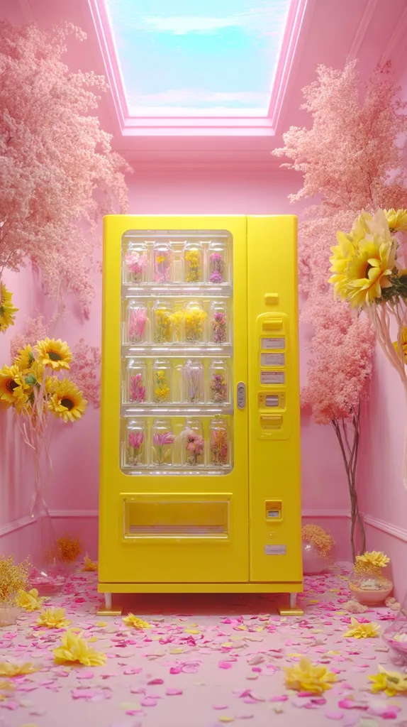 A vibrant yellow vending machine filled with small glass containers of dried flowers sits in a pink room.  Pink and yellow flowers adorn the scene, with scattered petals on the floor.  The room features a skylight, enhancing the pastel aesthetic.  The overall impression is one of whimsical, cheerful femininity.