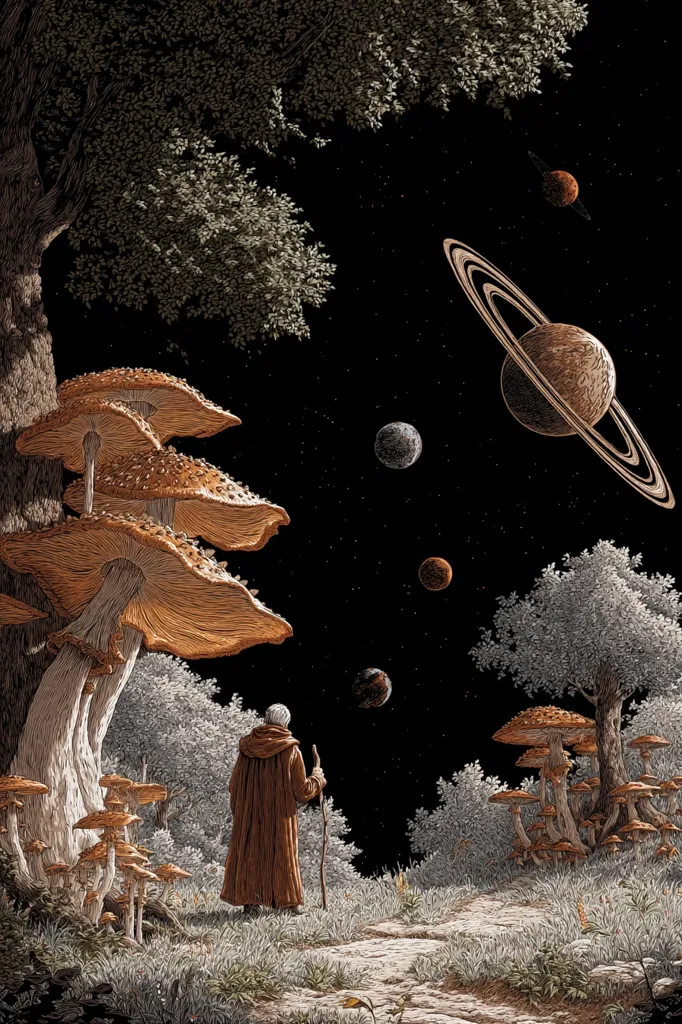 A hooded figure, staff in hand, stands on a path amidst a whimsical forest of giant mushrooms.  The night sky above is breathtaking, showcasing a ringed planet, other celestial bodies, and a star-speckled expanse.  The scene is rendered in a detailed, almost engraved style, creating a mystical and surreal atmosphere.  The contrast between the earthly forest and the cosmic backdrop evokes a sense of wonder and the vastness of the universe.