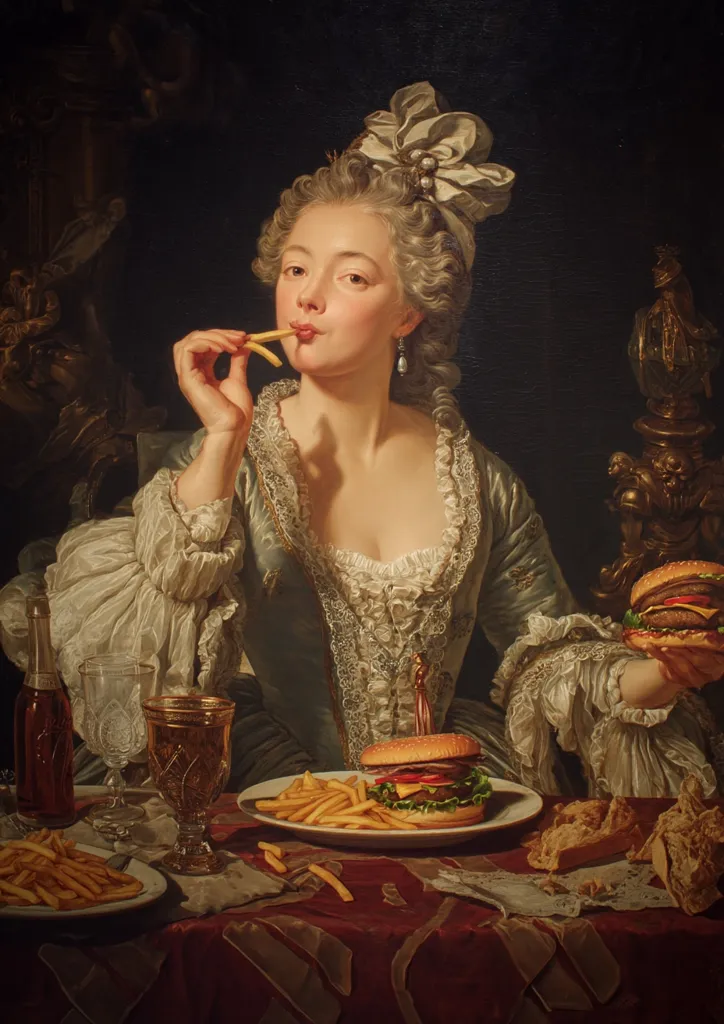 A woman in an elegant 18th-century gown sits at a table, delicately eating french fries.  Before her sits a hamburger and another plate of fries.  The scene is richly detailed, with a dark background highlighting the woman and her unexpected meal.  The juxtaposition of historical attire and modern fast food creates a humorous and intriguing image.  The painting’s style suggests a parody of aristocratic portraiture.