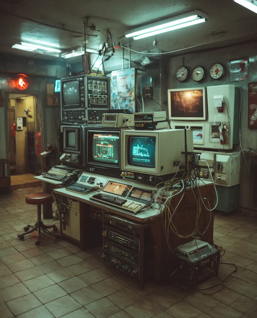 A dimly lit room houses a retro-futuristic workstation.  Multiple vintage monitors, keyboards, and other electronic equipment are stacked and interconnected with a profusion of wires.  The aged, tiled floor and walls suggest an abandoned or forgotten laboratory or control room.  The overall aesthetic blends a nostalgic past with a speculative technological future.  Old clocks hang on the wall, adding to the antiquated ambiance.