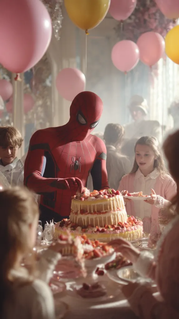 Spider-Man, in his iconic red and blue suit, attends a lavish party.  He's carefully cutting a large, multi-tiered strawberry cake, surrounded by children and guests in a room decorated with numerous pink and yellow balloons.  The scene is bright and celebratory, with a soft, dreamy atmosphere.  The focus is on Spider-Man interacting with the cake and the party's attendees.