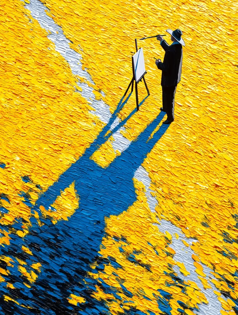 A painter in a wide-brimmed hat stands before an easel, painting on a vibrant yellow and white textured surface.  His long shadow, rendered in deep blue, stretches across the canvas, mimicking his pose. The impasto technique creates a dynamic, almost three-dimensional effect, emphasizing the bright colors and the artist's focused concentration. The scene is one of intense sunlight and artistic creation.