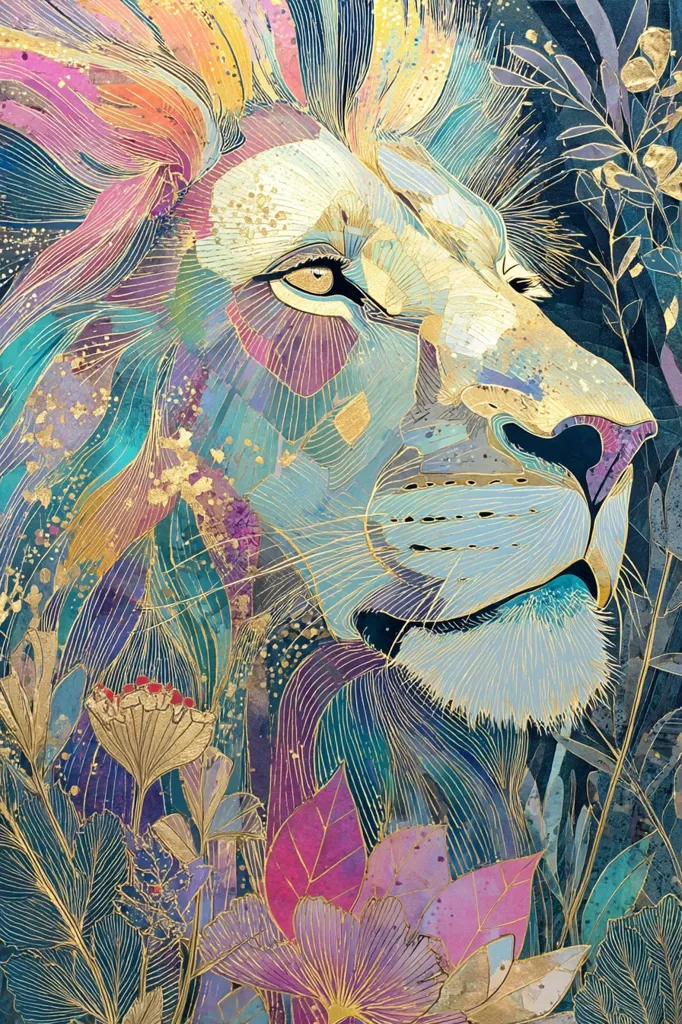 A stylized portrait of a lion's head, rendered in vibrant blues, purples, and golds.  The mane is depicted with flowing lines and textured washes, creating a sense of movement.  Intricate floral elements, rendered in a similar painterly style, intertwine with the lion's form, creating a harmonious blend of animal and nature.  The overall effect is one of majestic beauty and serene power.