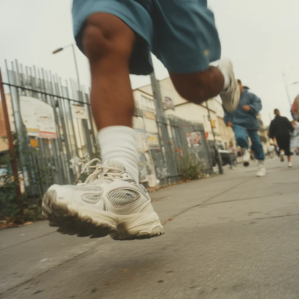 Close-up view of a person's legs and feet while running.  The runner wears light grey athletic shoes and blue shorts. The background shows a residential street with fences and other people walking or running in the distance, suggesting an urban setting. The focus is sharply on the runner's shoes, with the background blurred. The image has a slightly grainy, vintage feel.