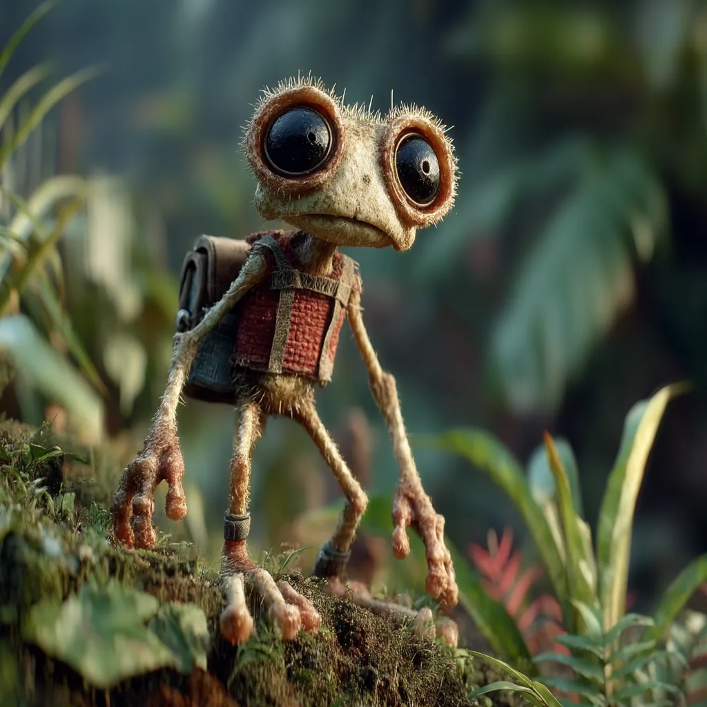 A whimsical, CG-rendered creature, resembling a small frog or gecko, stands on a mossy log.  Its large, expressive eyes and tiny, clawed feet are prominent features. It wears a miniature backpack and vest, suggesting a journey.  The background is a lush, out-of-focus jungle environment. The overall impression is one of adventure and charm.