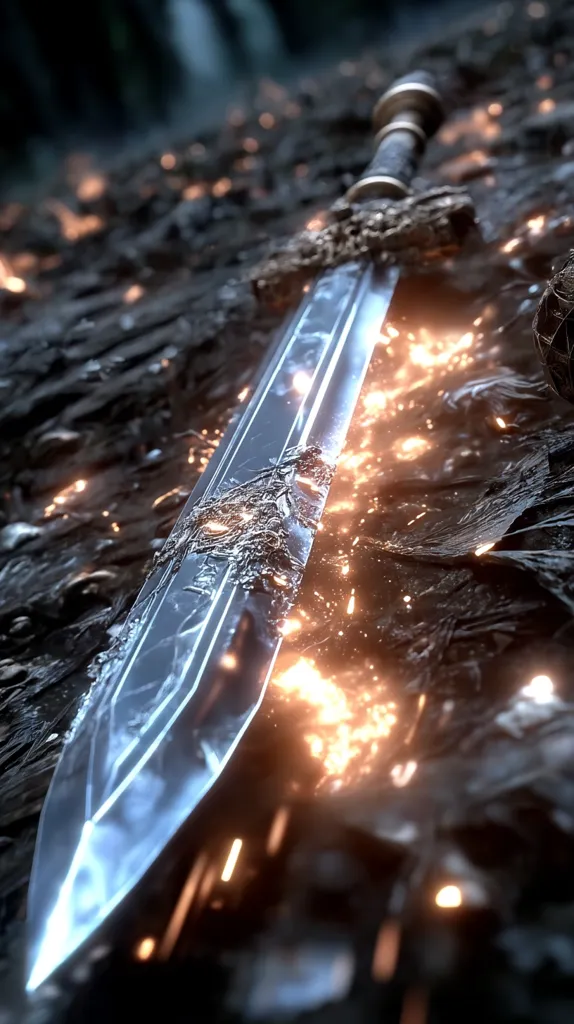 A large, ornate sword lies on dark, scorched earth, its blade gleaming with an ethereal light.  Sparks of fire and embers surround the weapon, suggesting a recent battle or intense heat. The sword's intricate details are partially obscured by the surrounding debris and fiery particles.  The overall mood is dark, dramatic, and hints at a powerful, possibly magical, artifact.