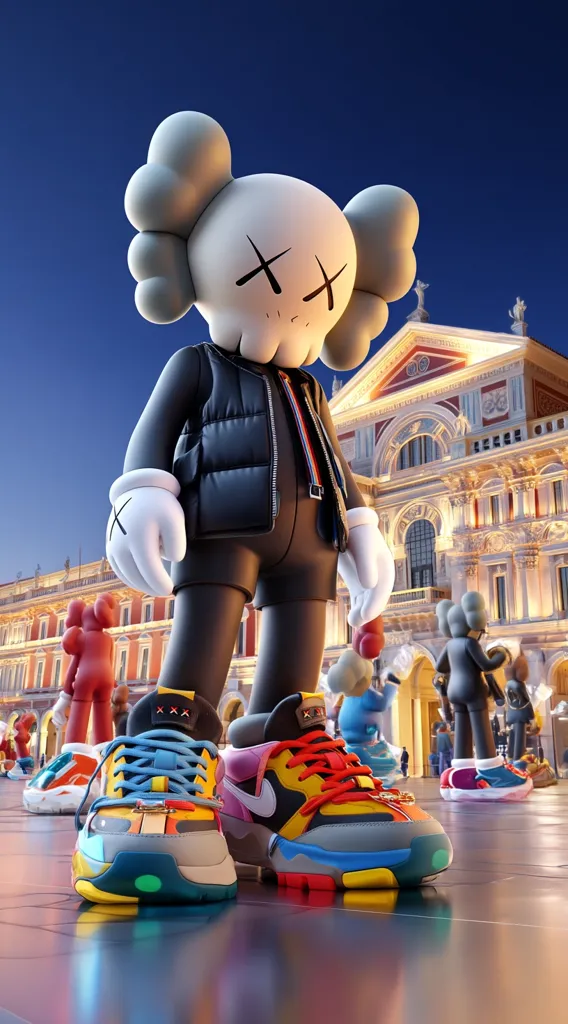 A large, stylized KAWS figure stands in a European city square at night.  The figure, wearing a puffer jacket and stylish sneakers, dominates the scene.  Smaller KAWS figures surround it, creating a playful, surreal atmosphere.  The colorful sneakers, a key detail, are prominently displayed in the foreground, reflecting the vibrant lighting of the buildings.  The overall image blends street art and urban architecture.