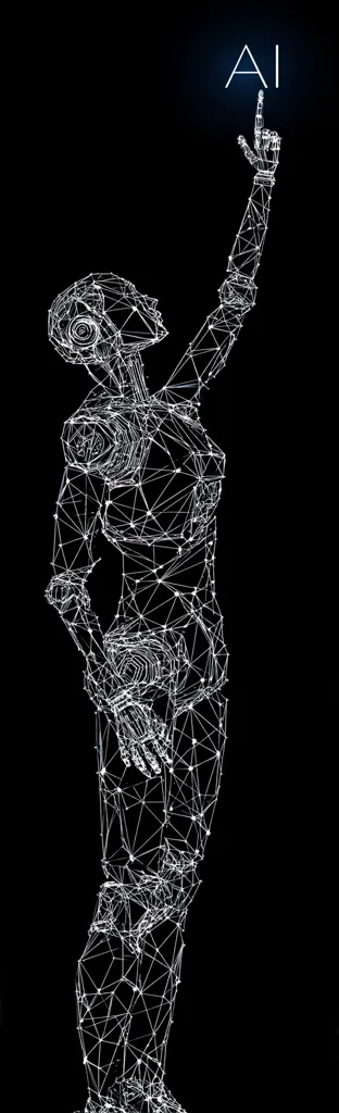 A stylized, wireframe-like figure of a robot reaches upward, its hand touching the word "AI" illuminated in the dark background. The robot's form is composed of interconnected nodes and lines, creating a sense of digital construction. The overall aesthetic suggests a blend of technology and human-like form, representing a concept of artificial intelligence and its potential.