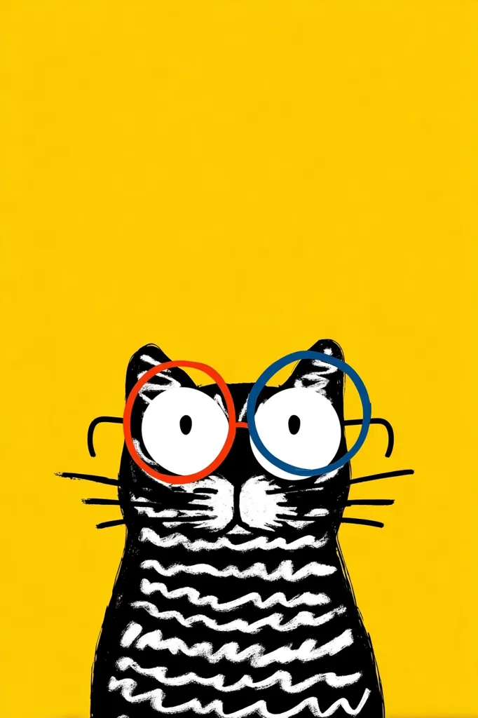 A stylized black cat with large, round glasses, featuring red and blue rims, is depicted against a vibrant yellow background.  The cat's fur is represented by wavy black and white strokes. Its wide eyes and simple features give it a playful, whimsical character. The overall style is bold and graphic, suggesting a children's illustration or a piece of modern art.