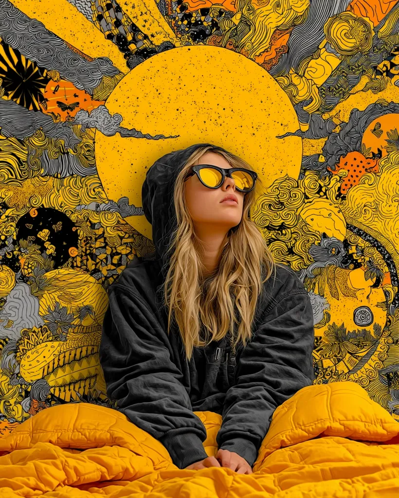 A young woman with long blonde hair sits in a bed with mustard yellow bedding. She wears a dark gray hoodie and reflective yellow sunglasses.  The backdrop is a vibrant, psychedelic illustration in shades of yellow and black, featuring swirling patterns and abstract shapes resembling a sun. The overall aesthetic is bright, bold, and whimsical.