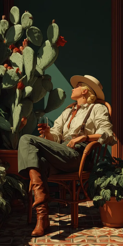A woman in a wide-brimmed hat and suspenders sits in a wicker chair, enjoying a glass of red wine.  She's dressed in khaki pants and a cream-colored shirt, her brown boots resting on a sun-dappled tiled floor. A large prickly pear cactus and lush potted plants fill the sunlit, verdant scene, creating a relaxed, southwestern ambiance. The overall style is reminiscent of vintage illustration or film.