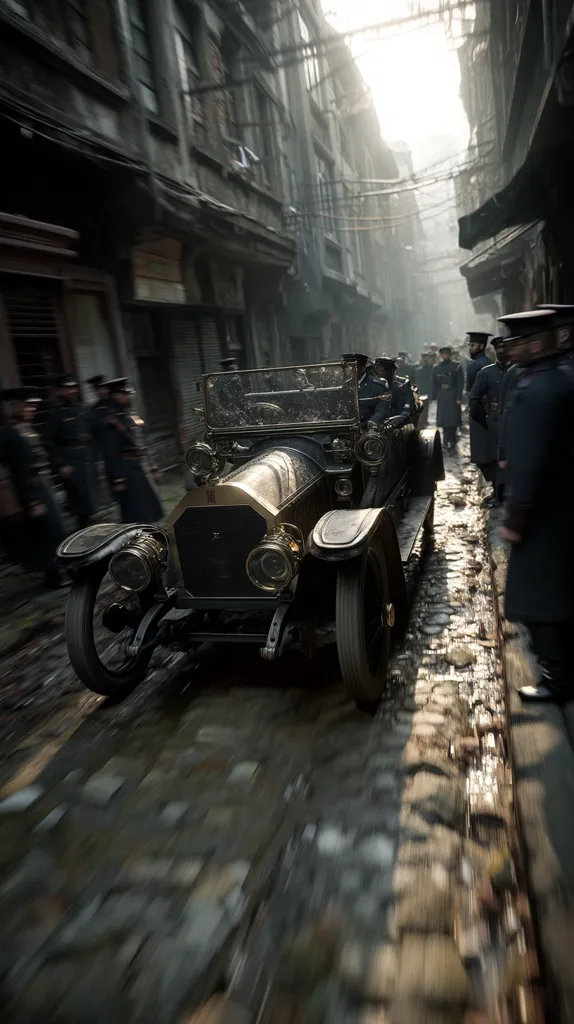 A vintage car speeds down a cobblestone street lined with old, dark buildings.  The car is dark-colored with gold accents, and several men in dark uniforms stand on the sidewalks, watching it pass. The sun shines brightly at the far end of the street, creating a hazy effect. The overall atmosphere is one of mystery and historical intrigue.