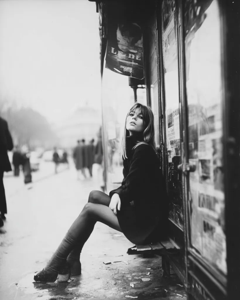 A black and white photograph captures a young woman, possibly Brigitte Bardot, sitting on a Parisian street.  She wears a dark coat, sheer tights, and boots.  Her gaze is directed slightly away from the camera.  The background features a busy street and a weathered kiosk plastered with posters.  The overall mood is stylishly melancholic, evocative of 1960s French cinema.